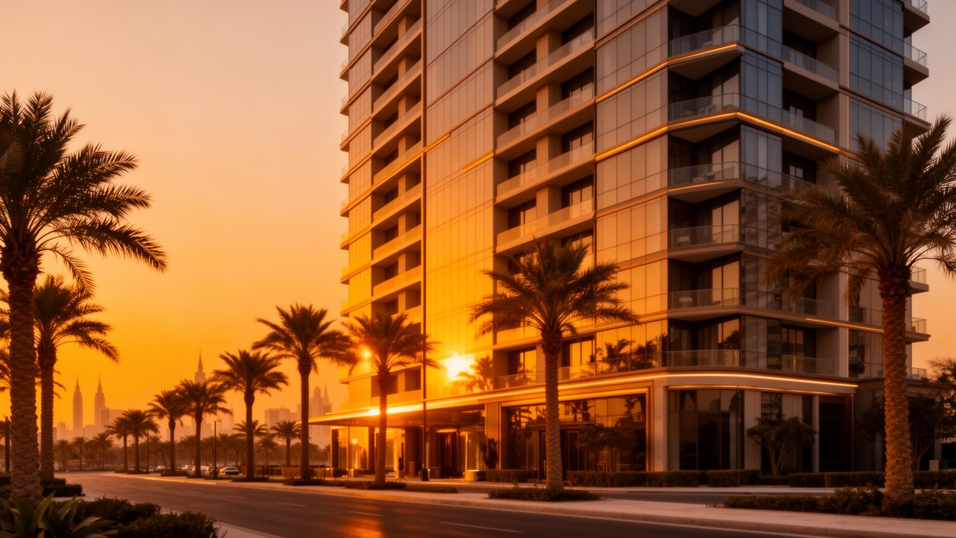 Luxury residential tower in UAE at golden hour